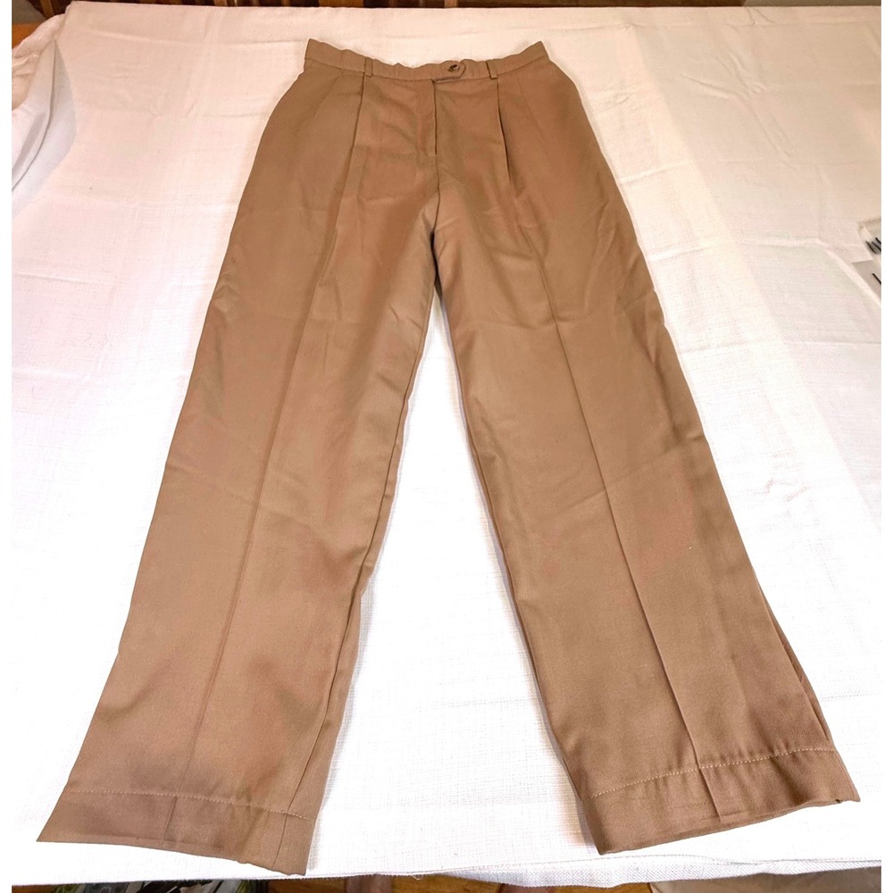 Vintage Camel Tan 100% Worsted Wool Pleated High Waisted Straight Leg Trousers - Picture 3 of 11